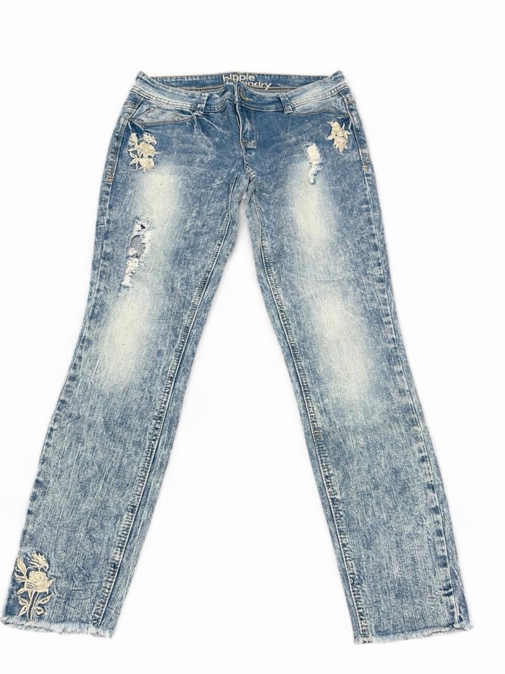 hippie laundry Light Blue Distressed Skinny Jeans with Floral Embroidery